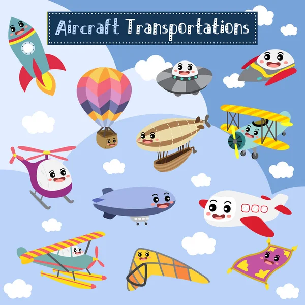 Flugzeug Transport Cartoon Set Mit Himmel Hintergrund Perspektivischer Ansicht Vektorillustration — Stockvektor