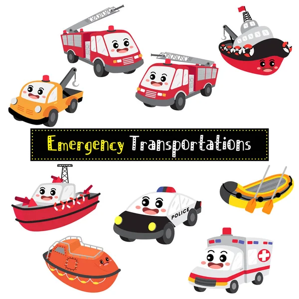 Emergency Transportations Cartoon Set White Background Perspective View Vector Illustration — Stockový vektor