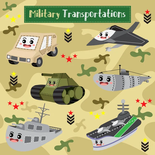 Military Transportations Cartoon Set Camouflage Background Perspective View Vector Illustration — Stock Vector