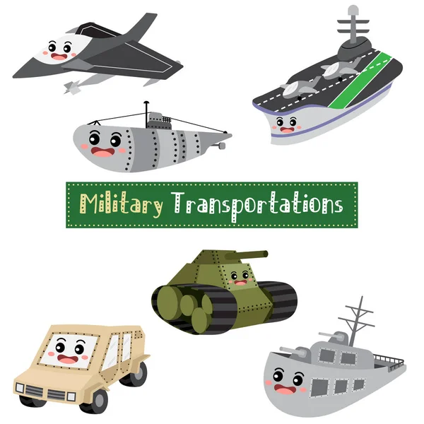 Military Transportations Cartoon Set White Background Vehicles Name Vector Illustration — Stock Vector