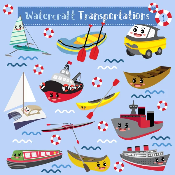 Wasserfahrzeuge Transport Cartoon Set Mit Marine Hintergrund Perspektivischer Ansicht Vektor — Stockvektor