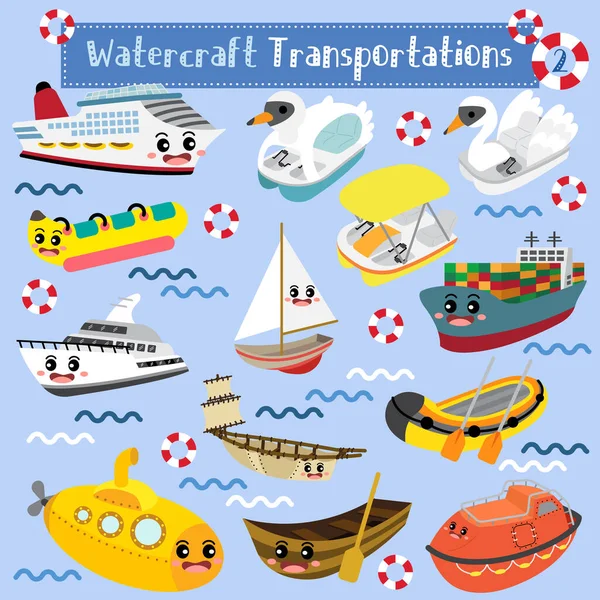Watercraft Transportations Conjunto Dibujos Animados Con Fondo Marino Perspectiva Ver — Archivo Imágenes Vectoriales