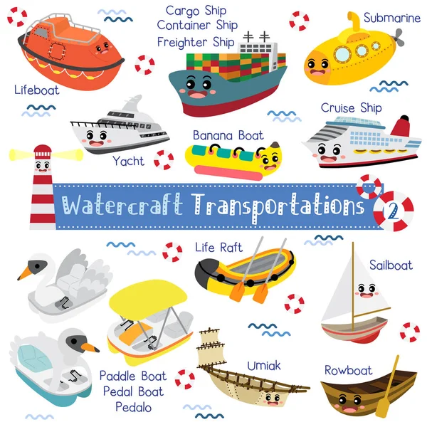 Watercraft Transportations Conjunto Dibujos Animados Con Vehículos Nombre Vector — Archivo Imágenes Vectoriales