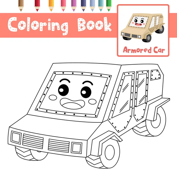 Disegno Colorare Cute Armored Car Personaggio Cartone Animato Prospettiva Visualizzare — Vettoriale Stock