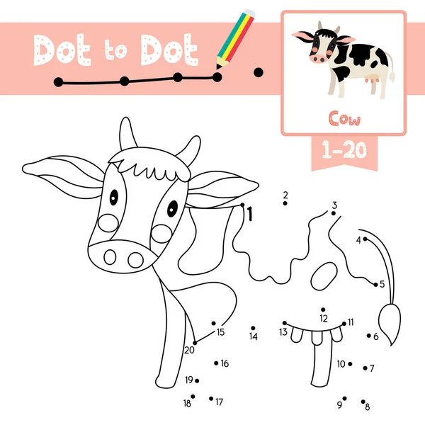 就学前の子供たちのための牛の動物の漫画のキャラクターのドットToドット教育ゲームとぬり絵の本は 数を数える1 20と手書きの練習ワークシートについての活動 ベクターイラスト — ストックベクタ