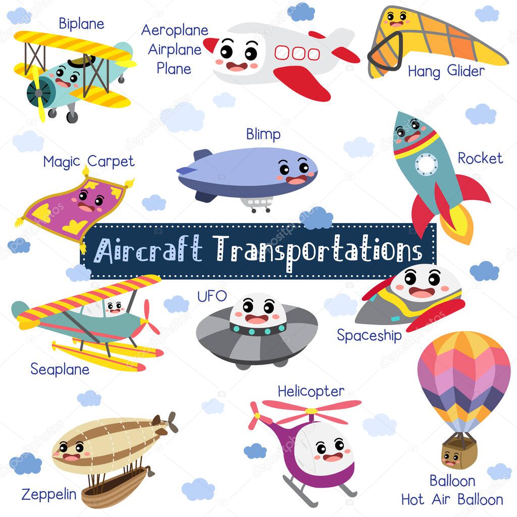 Aircraft Transportations cartoon set with vehicles name in perspective view vector illustration.