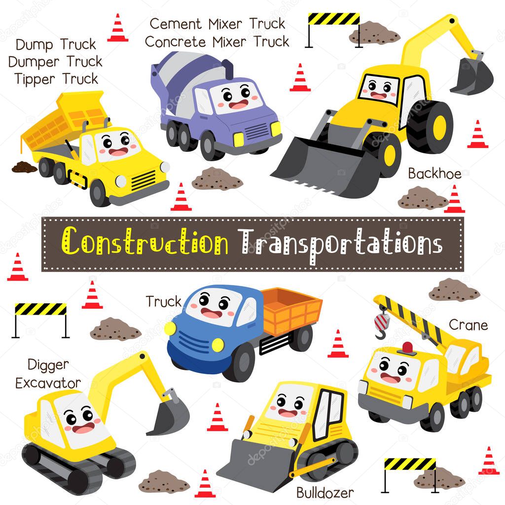 Construction Transportations cartoon set with vehicles name in perspective view vector illustration.