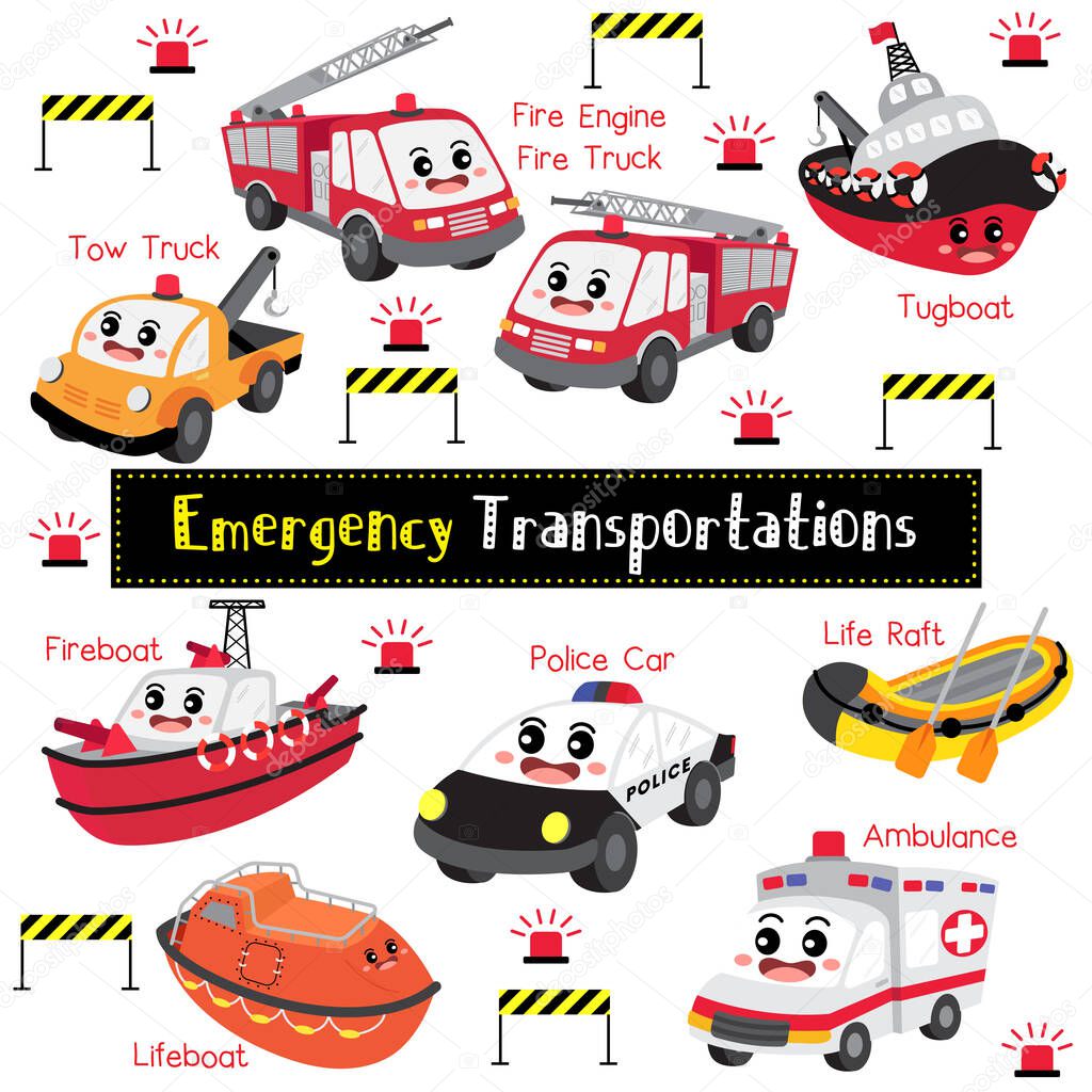 Emergency Transportations cartoon set with vehicles name in perspective view vector illustration.