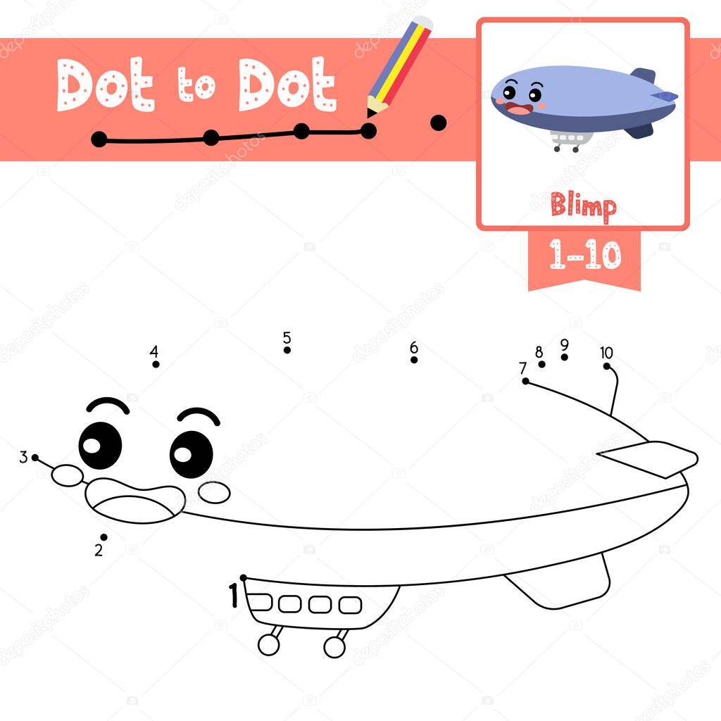 Dot to dot educational game and Coloring book of cute Blimp cartoon character perspective view transportations for preschool kids activity about learning counting number 1-10 and handwriting practice worksheet. Vector Illustration.