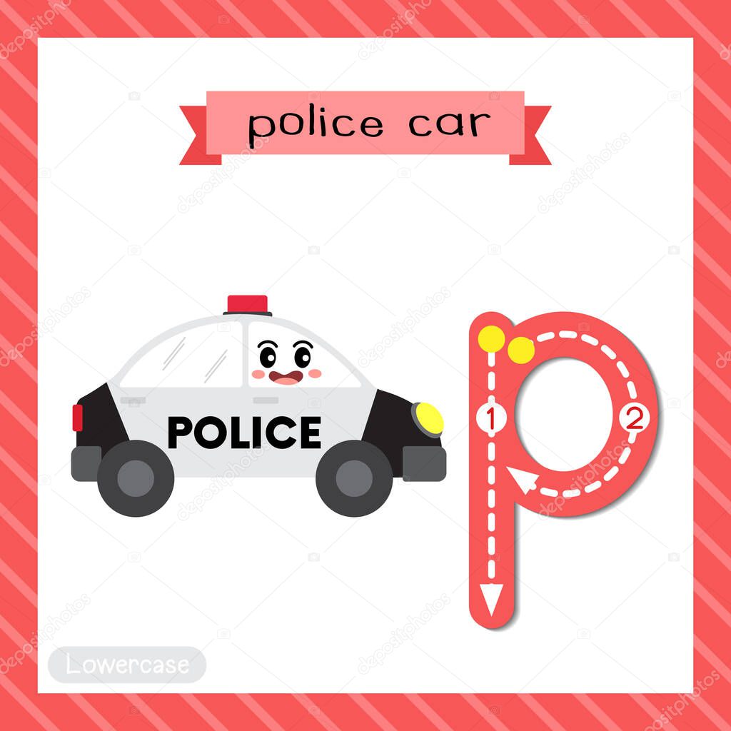 Letter P lowercase cute children colorful transportations ABC alphabet tracing flashcard of Police Car for kids learning English vocabulary and handwriting Vector Illustration.