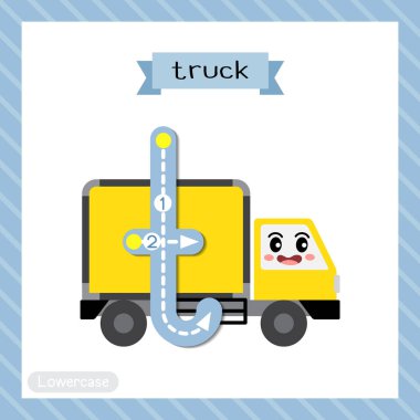 T harfi küçük çocuklar için renkli ulaşım ABC alfabesi İngilizce kelime dağarcığı ve el yazısı Vektör İllüstrasyonunu öğrenen çocuklar için sarı kamyonun flaş kartını takip ediyor.