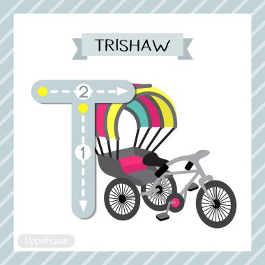 Letter T uppercase cute children colorful transportations ABC alphabet tracing flashcard of Trishaw for kids learning English vocabulary and handwriting Vector Illustration. clipart