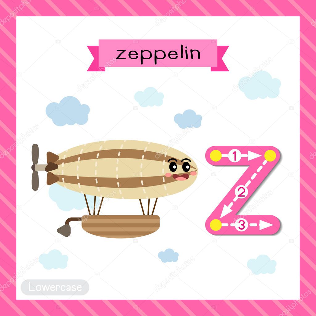 Letter Z lowercase cute children colorful transportations ABC alphabet tracing flashcard of Zeppelin for kids learning English vocabulary and handwriting Vector Illustration.