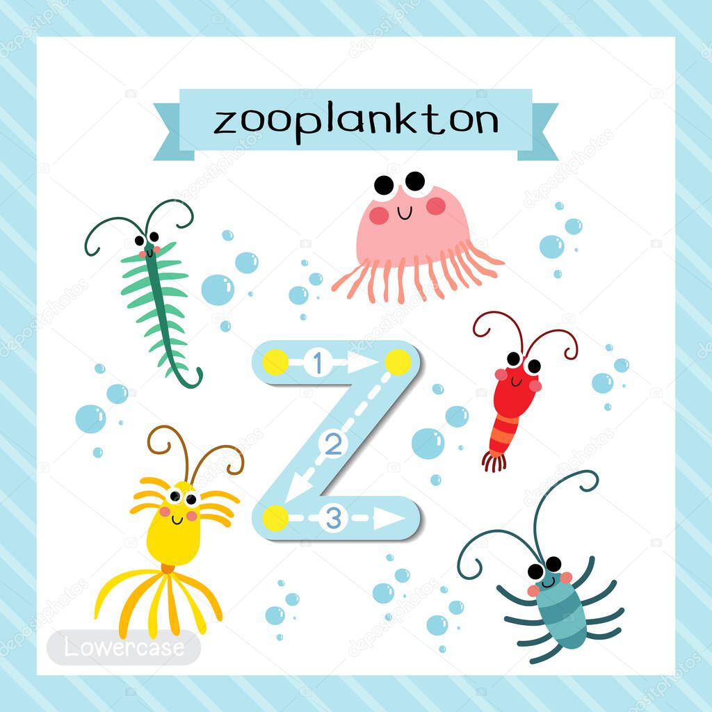 Letter Z lowercase cute children colorful zoo and animals ABC alphabet tracing flashcard of Zooplankton for kids learning English vocabulary and handwriting vector illustration.