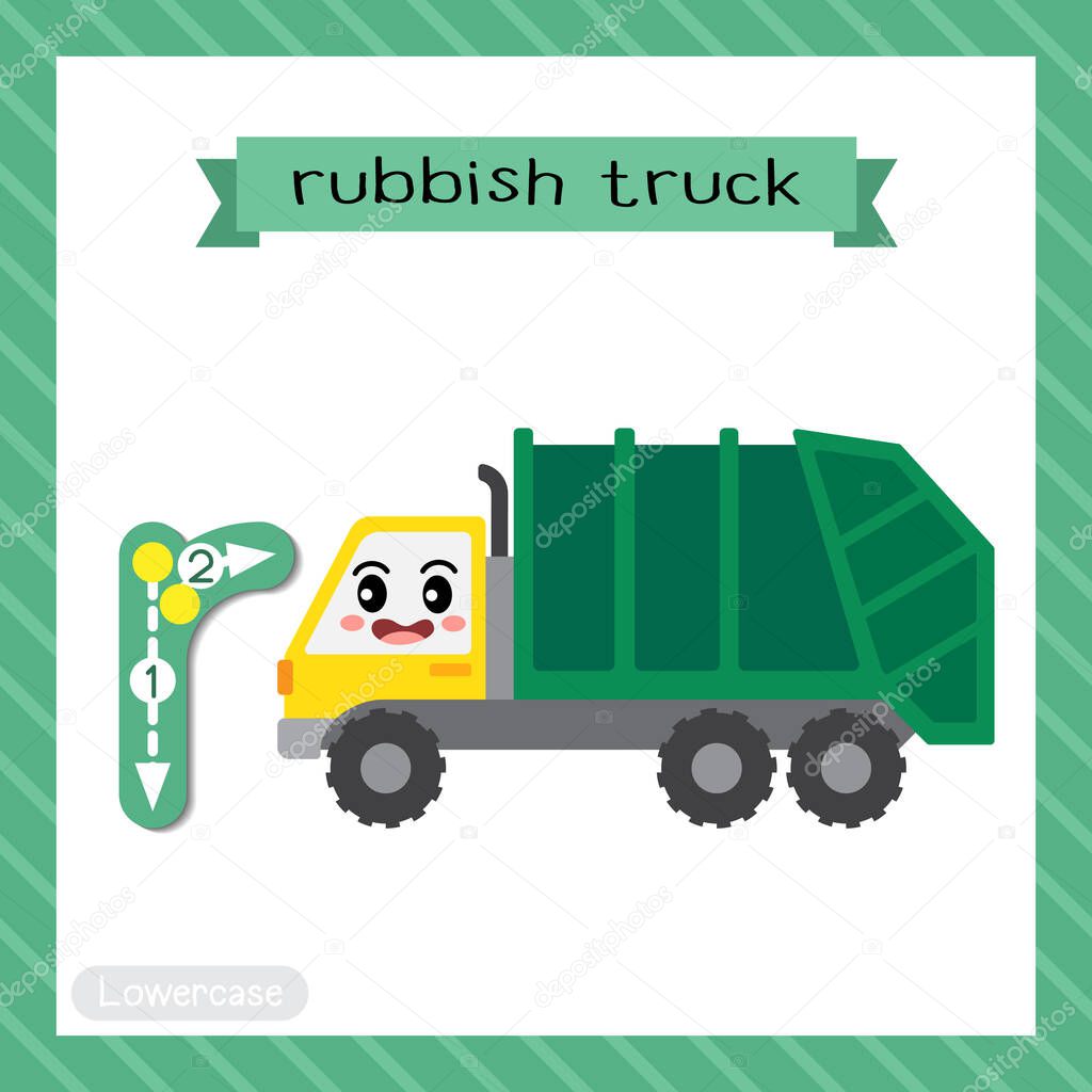 Letter R lowercase cute children colorful transportations ABC alphabet tracing flashcard of Rubbish Truck for kids learning English vocabulary and handwriting Vector Illustration.