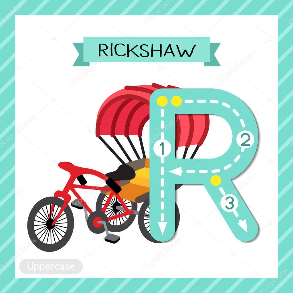 Letter R uppercase cute children colorful transportations ABC alphabet tracing flashcard of Rickshaw for kids learning English vocabulary and handwriting Vector Illustration.