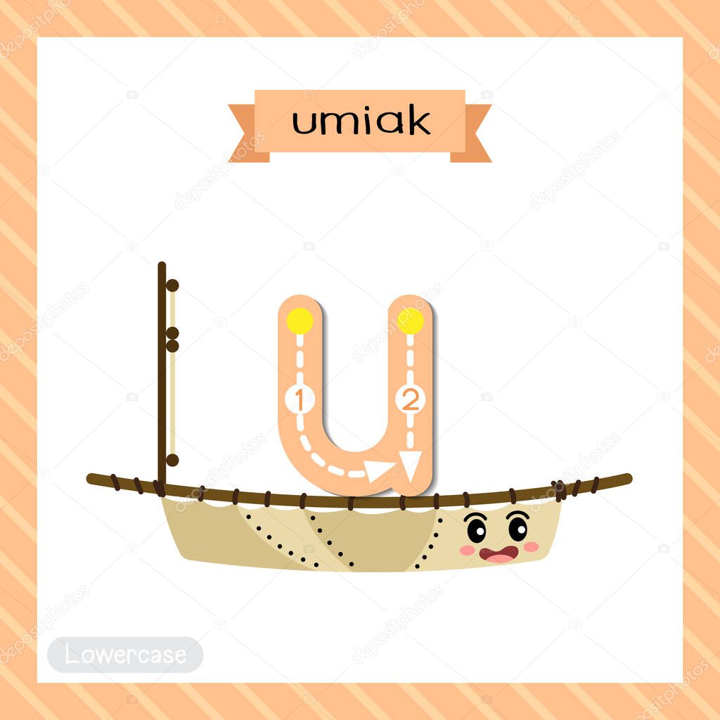 Letter U lowercase cute children colorful transportations ABC alphabet tracing flashcard of Umiak for kids learning English vocabulary and handwriting Vector Illustration.