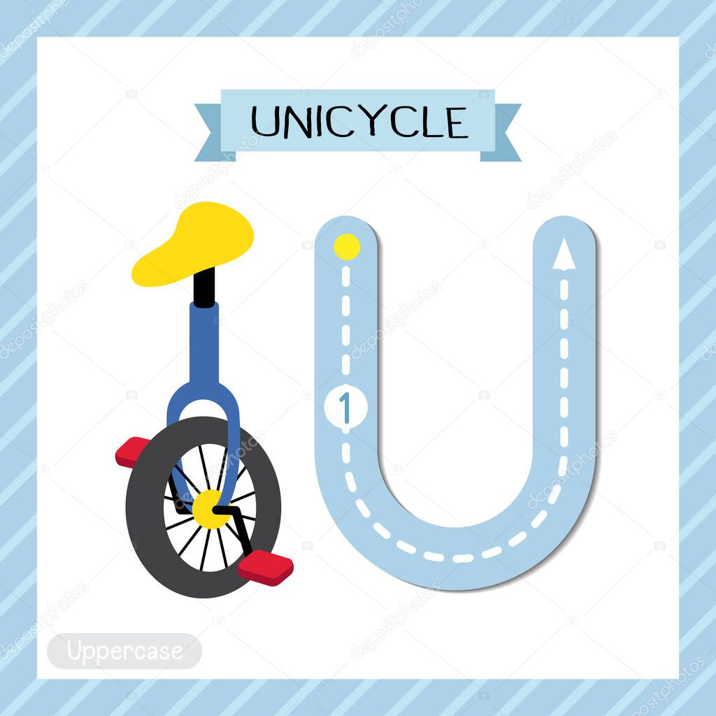 Letter U uppercase cute children colorful transportations ABC alphabet tracing flashcard of Unicycle for kids learning English vocabulary and handwriting Vector Illustration.