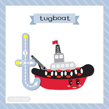 Letter T lowercase cute children colorful transportations ABC alphabet tracing flashcard of Tugboat for kids learning English vocabulary and handwriting Vector Illustration. clipart