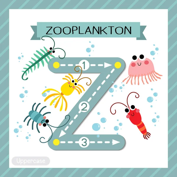 手紙Z大文字かわいい子供カラフルな動物園や動物Abcのアルファベットは 英語の語彙や手書きのベクトルイラストを学ぶ子供のためのZooプランクトンのフラッシュカードをトレース — ストックベクタ
