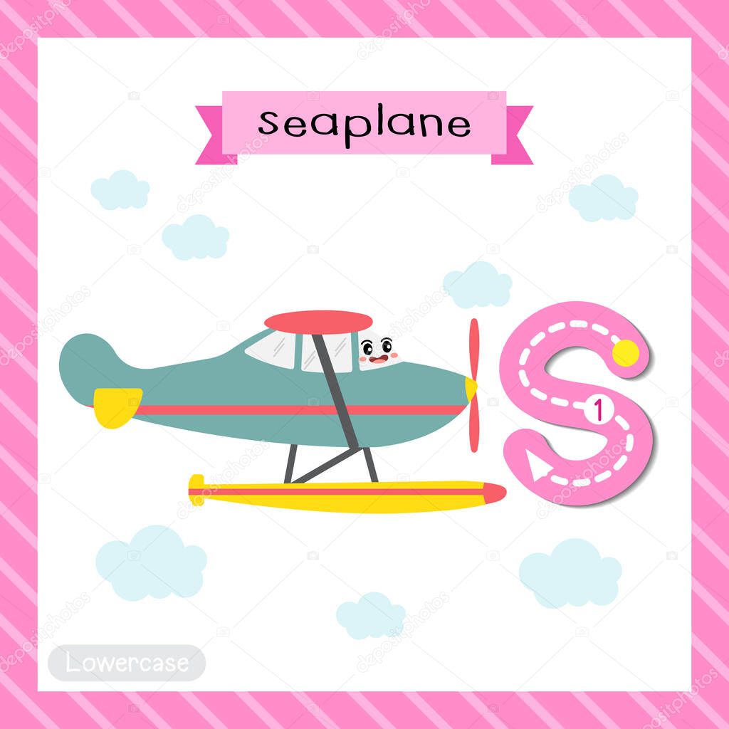 Letter S lowercase cute children colorful transportations ABC alphabet tracing flashcard of Seaplane for kids learning English vocabulary and handwriting Vector Illustration.
