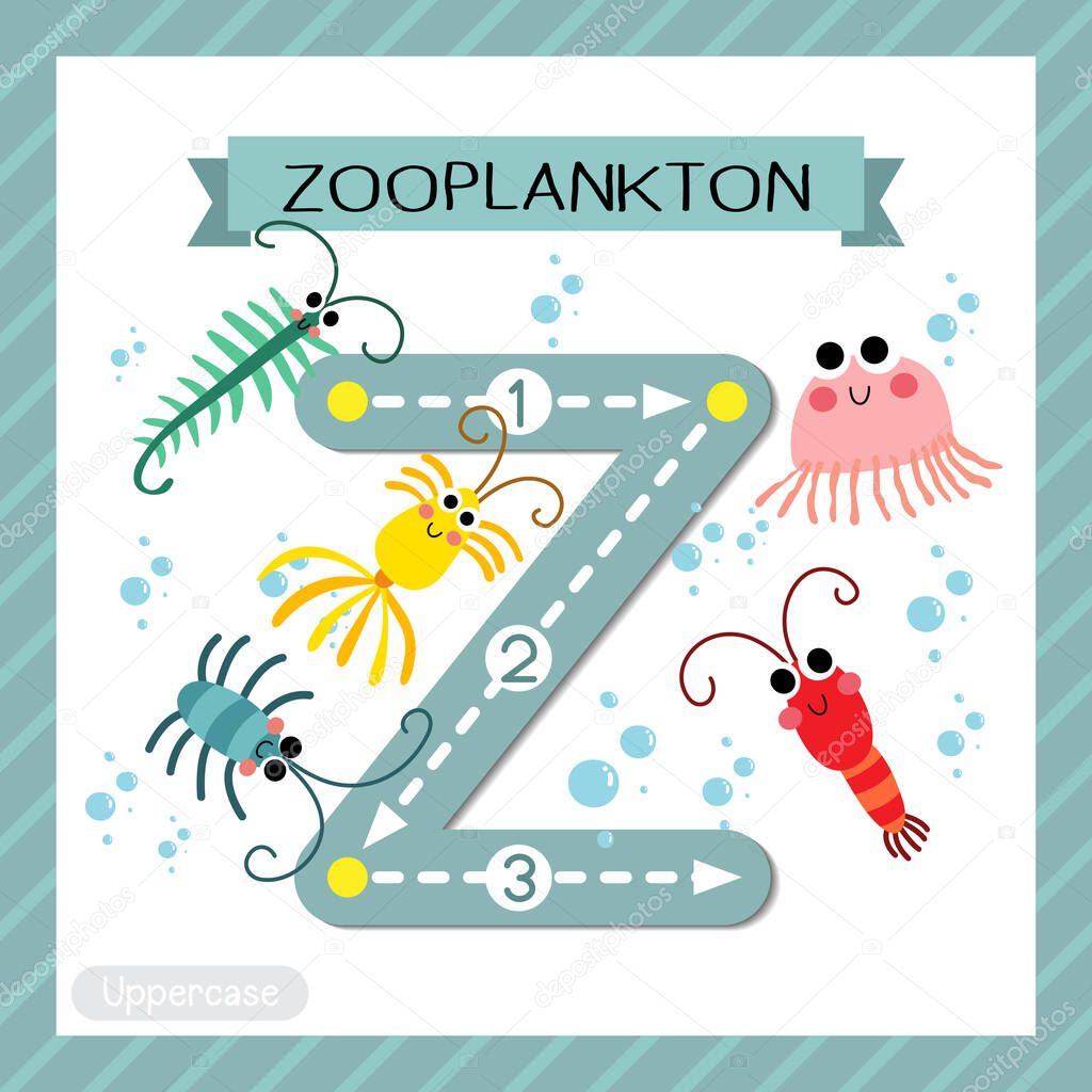 Letter Z uppercase cute children colorful zoo and animals ABC alphabet tracing flashcard of Zooplankton for kids learning English vocabulary and handwriting vector illustration.