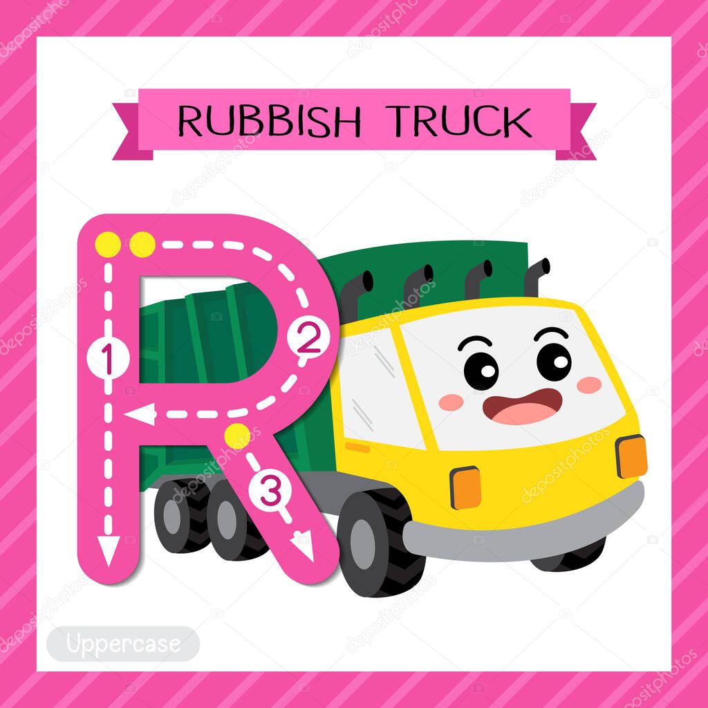Letter R uppercase cute children colorful transportations ABC alphabet tracing flashcard of Rubbish Truck for kids learning English vocabulary and handwriting Vector Illustration.