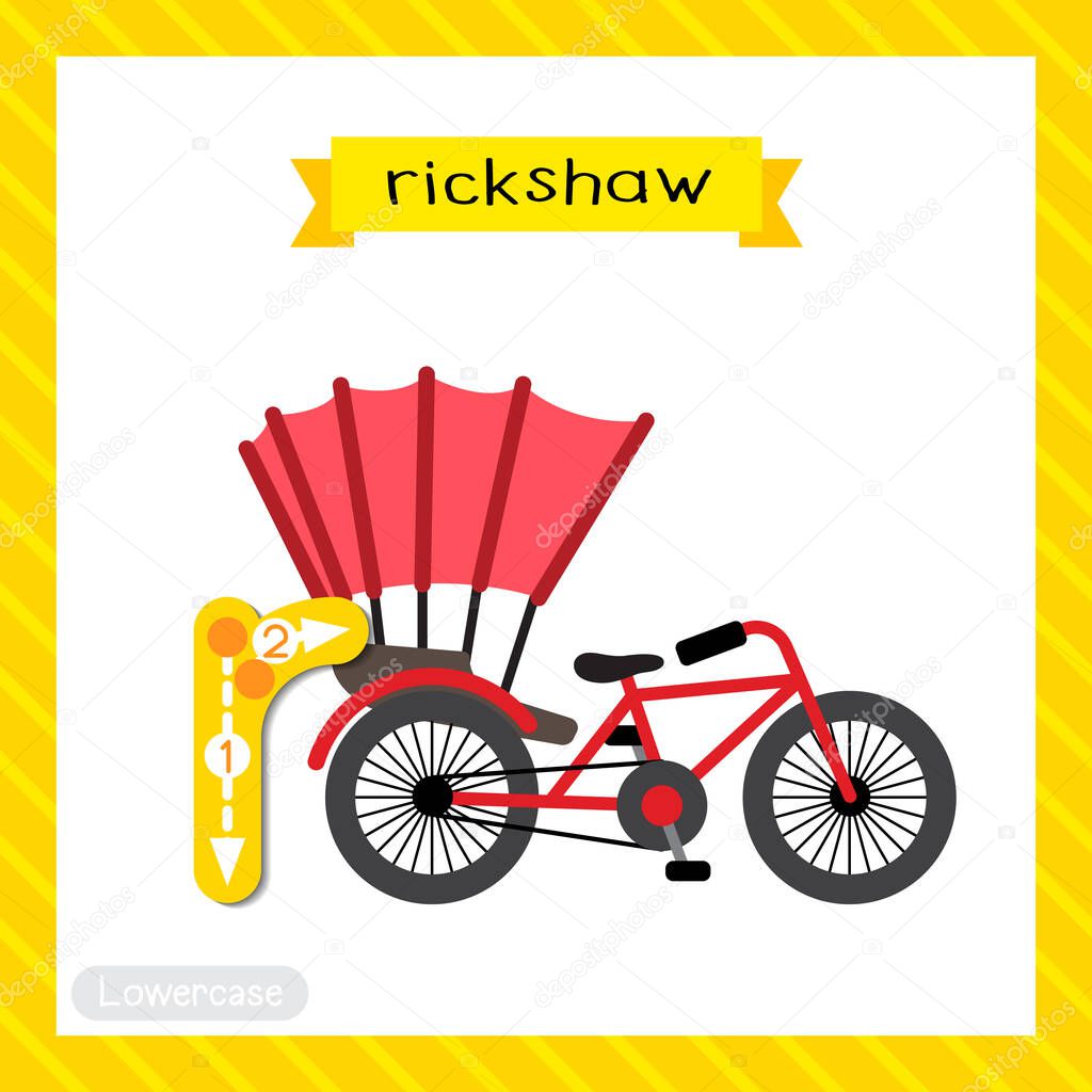 Letter R lowercase cute children colorful transportations ABC alphabet tracing flashcard of Rickshaw for kids learning English vocabulary and handwriting Vector Illustration.