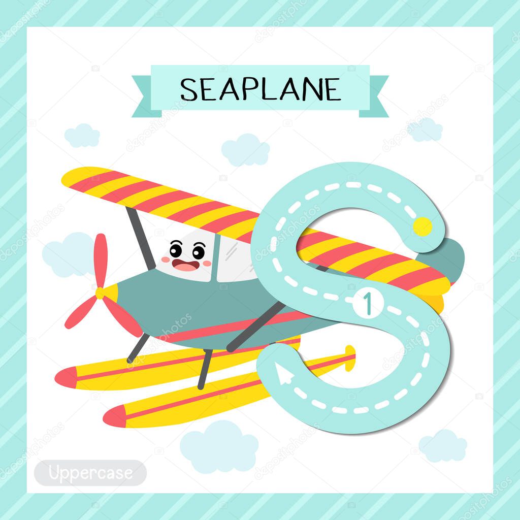 Letter S uppercase cute children colorful transportations ABC alphabet tracing flashcard of Seaplane for kids learning English vocabulary and handwriting Vector Illustration.