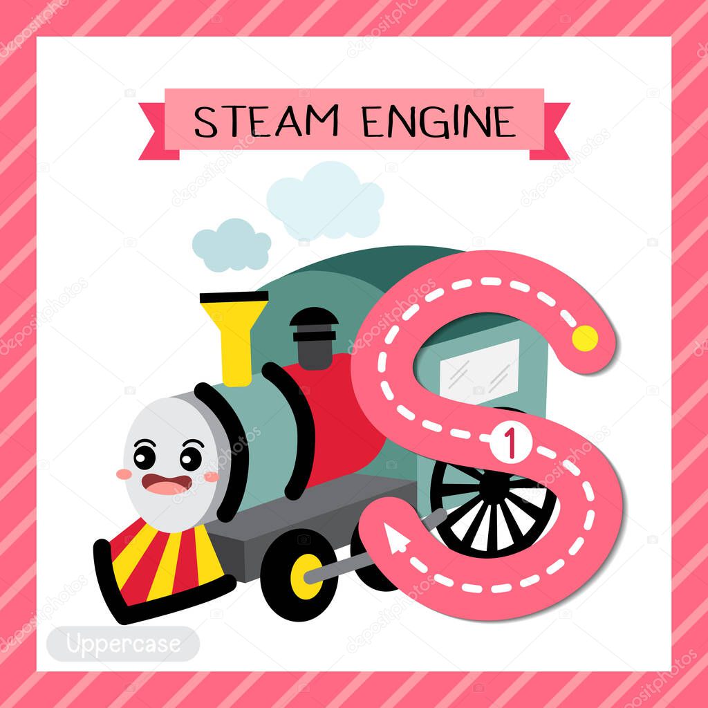 Letter S uppercase cute children colorful transportations ABC alphabet tracing flashcard of Steam Engine for kids learning English vocabulary and handwriting Vector Illustration.
