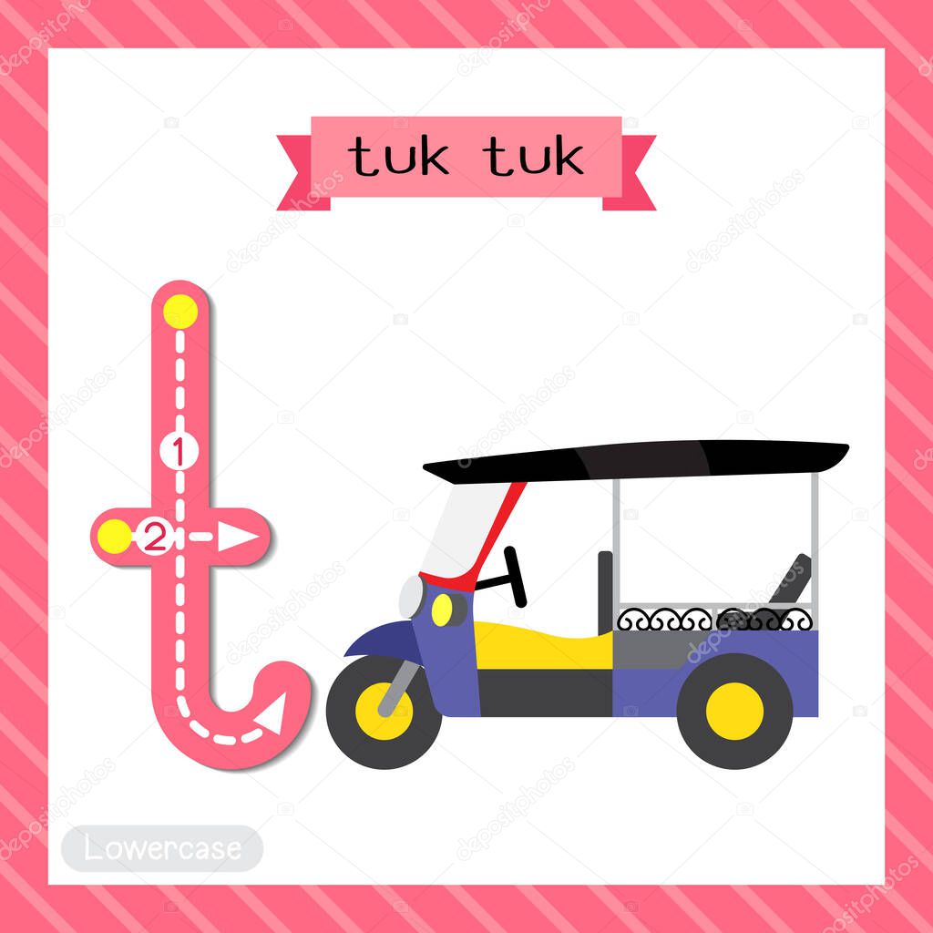 Letter T lowercase cute children colorful transportations ABC alphabet tracing flashcard of Tuk Tuk for kids learning English vocabulary and handwriting Vector Illustration.