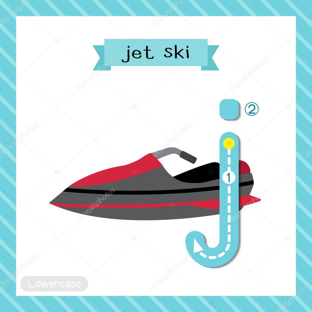 Letter J lowercase cute children colorful transportations ABC alphabet tracing flashcard of Jet Ski for kids learning English vocabulary and handwriting Vector Illustration.