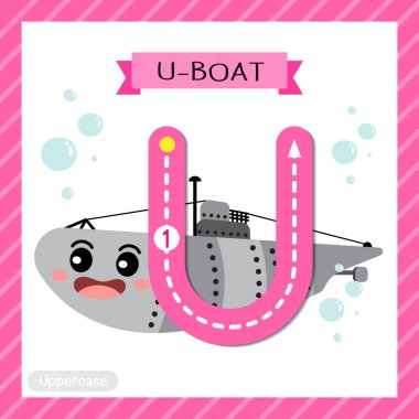 Letter U uppercase cute children colorful transportations ABC alphabet tracing flashcard of U-Boat for kids learning English vocabulary and handwriting Vector Illustration. clipart