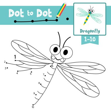 Noktadan noktaya eğitici oyun ve Dragonfly 'ın Boyama Kitabı anaokulu çocukları için çizgi film karakteri 1-10' u saymayı ve el yazısı alıştırması çalışmalarını öğrenmekle ilgili. Vektör İllüstrasyonu.