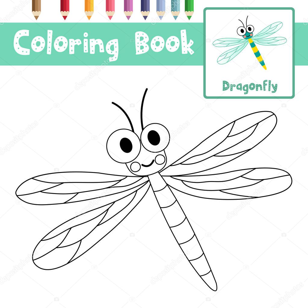 Coloring page of Dragonfly animals cartoon character for preschool kids activity educational worksheet. Vector Illustration.