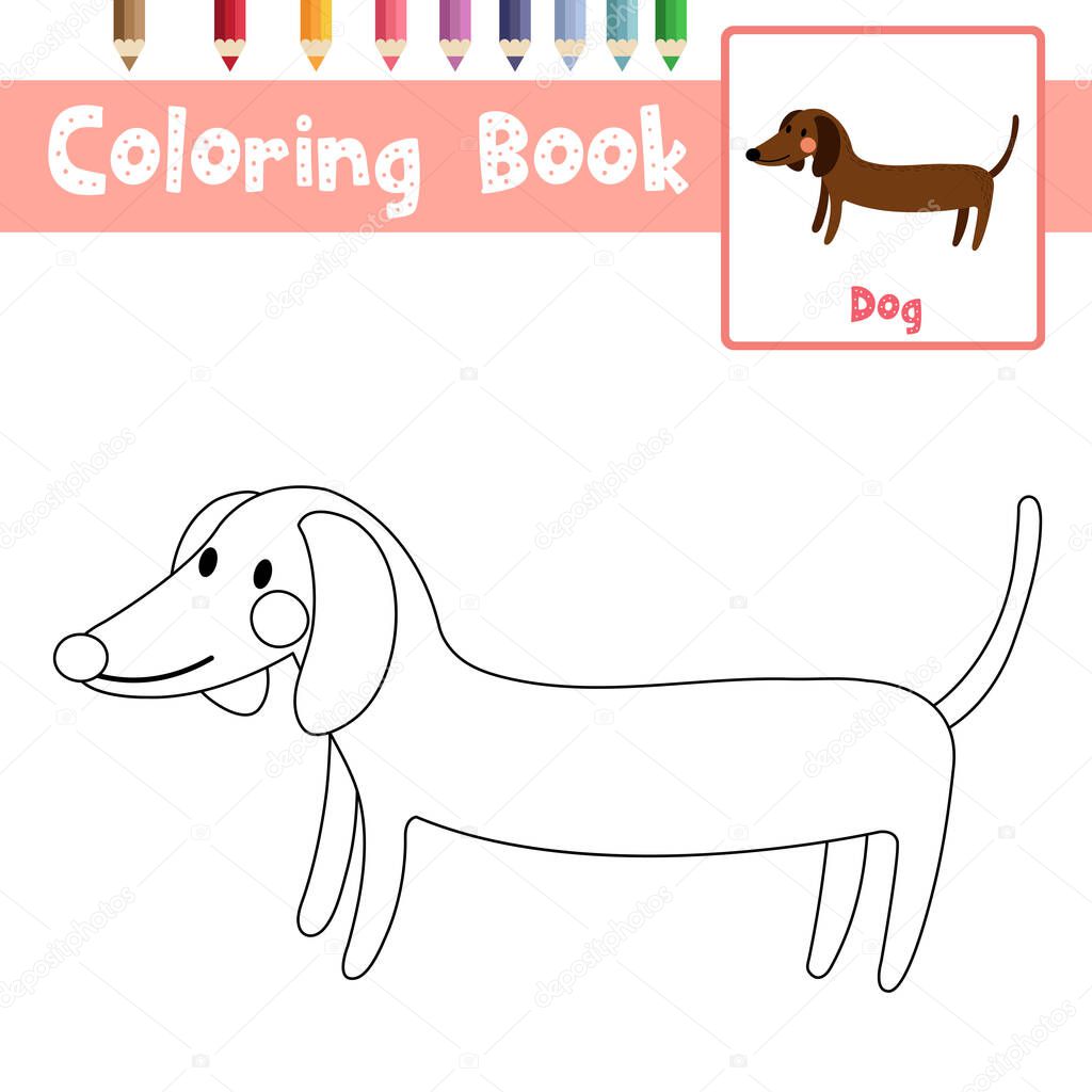 Coloring page of Side view Dachshund animals cartoon character for preschool kids activity educational worksheet. Vector Illustration.
