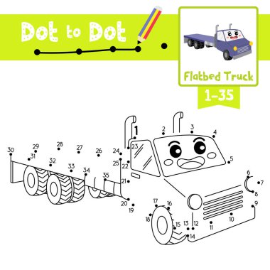 Çocuk aktiviteleri için Flatbed Truck çizgi film taşımacılığının nokta nokta eğitim oyunu ve boyama kitabı 1-35 numara ve el yazısı alıştırması çalışma tablosu hakkında. Vektör İllüstrasyonu.