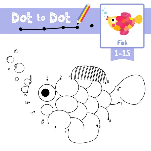 就学前の子供たちのための魚の動物の漫画のキャラクターのドットToドット教育ゲームとぬり絵の本は 数を数える1 15と手書きの練習ワークシートについての活動 ベクターイラスト — ストックベクタ