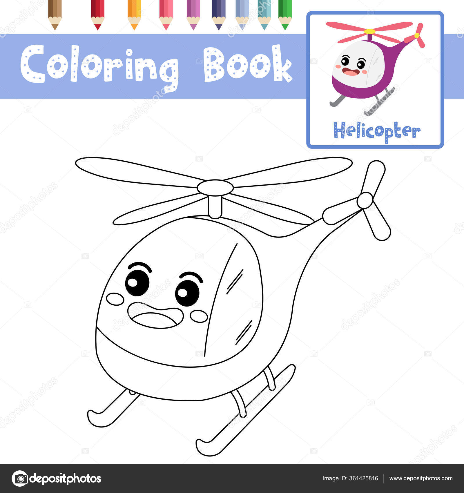Coloring Page Cute Helicopter Cartoon Character Perspective View  Transportations Preschool Stock Vector Image by ©natchapohn #361425816