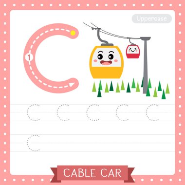 C büyük harfi sevimli çocuklar renkli taşımacılık ABC alfabe takip uygulaması çocuklar için Cable Car İngilizce kelime bilgisi ve el yazısı Vektör Illustration.