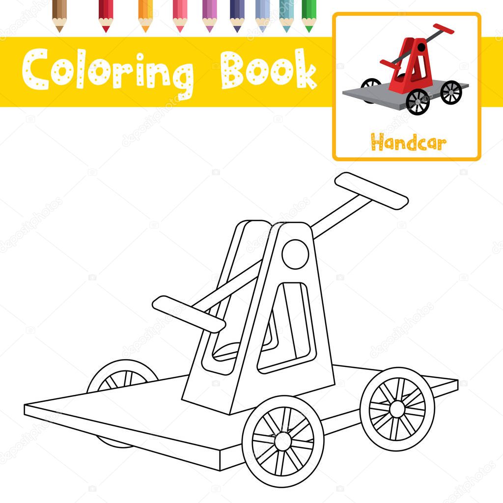 Coloring page of cute Handcar cartoon character perspective view transportations for preschool kids activity educational worksheet. Vector Illustration.