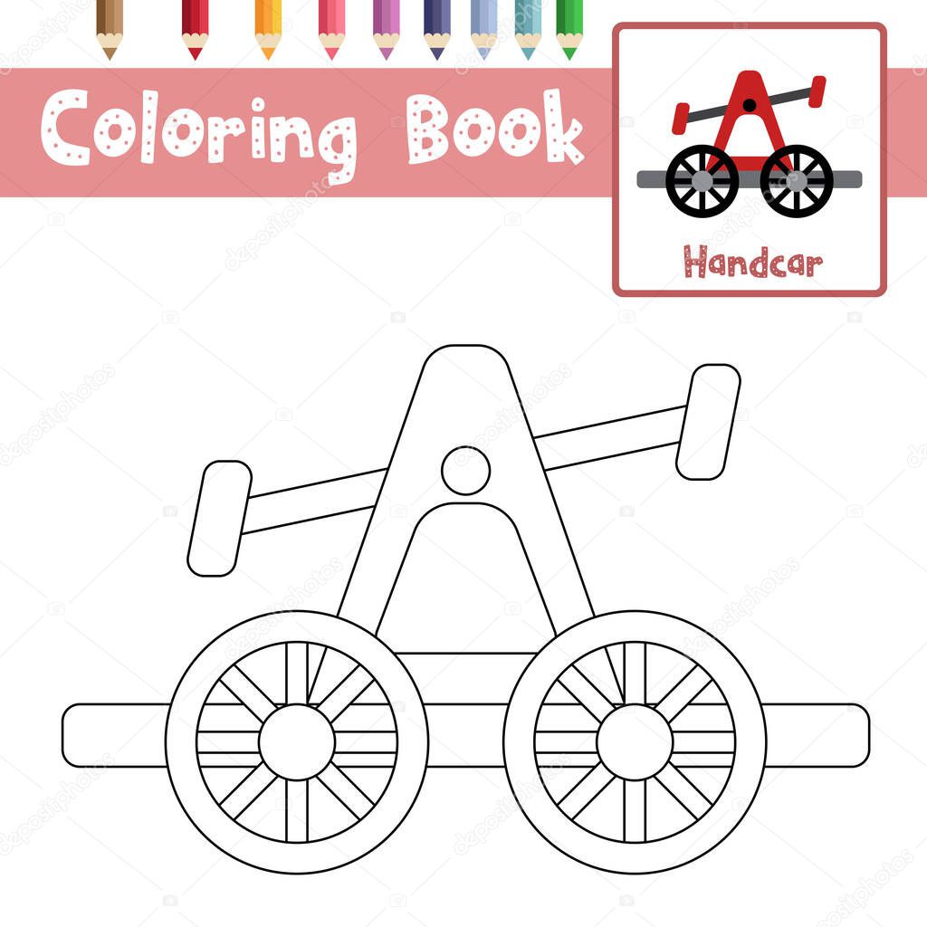 Coloring page of cute Handcar cartoon character side view transportations for preschool kids activity educational worksheet. Vector Illustration.