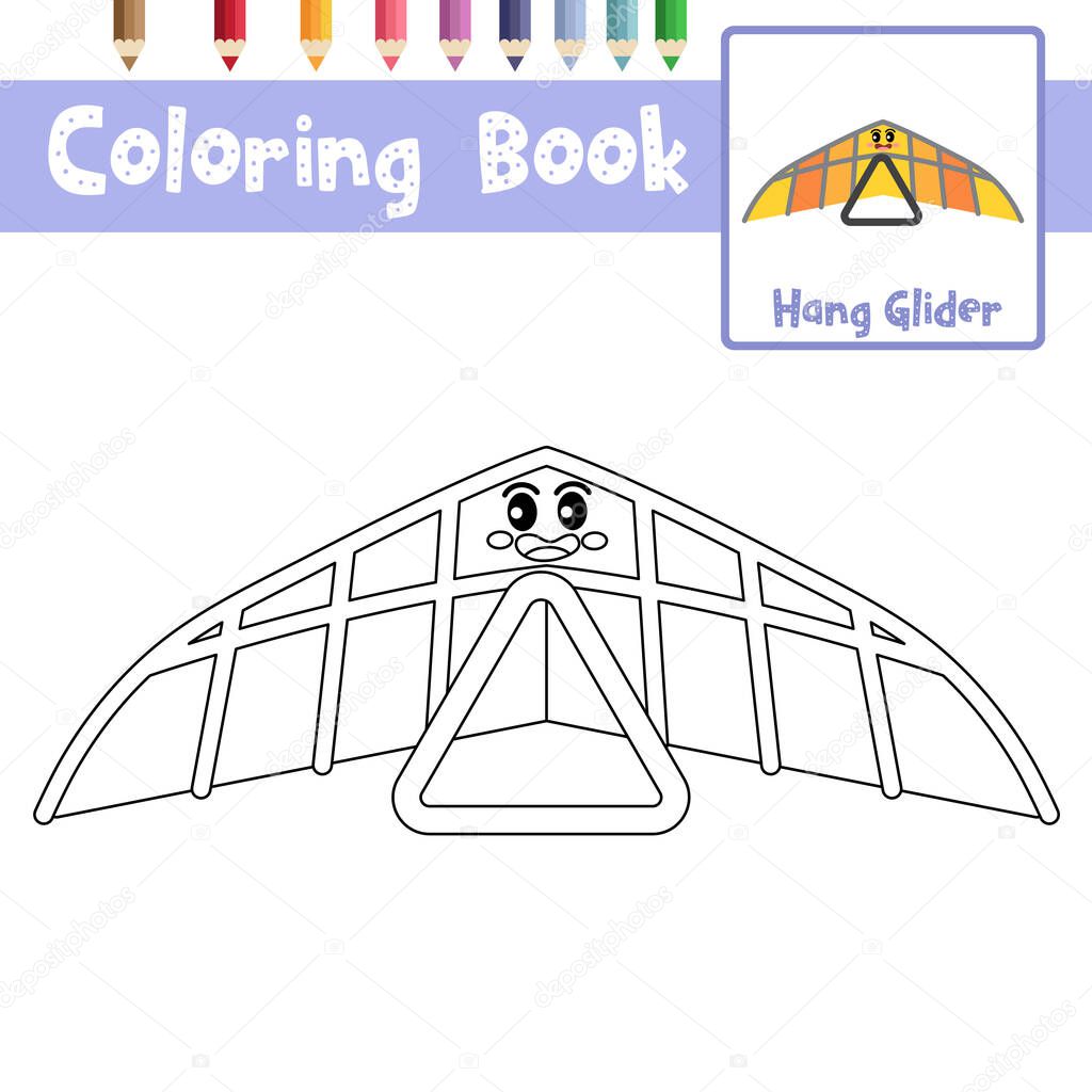 Coloring page of cute Hang Glider cartoon character side view transportations for preschool kids activity educational worksheet. Vector Illustration.