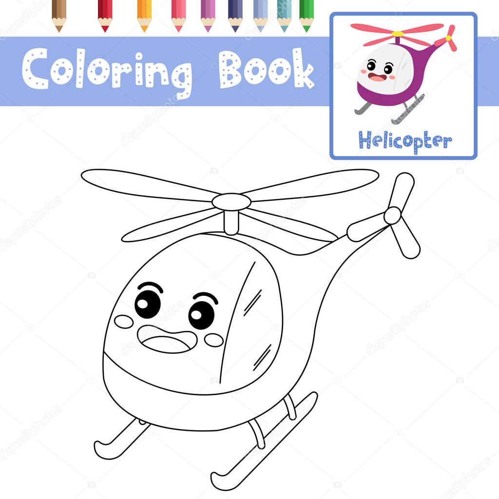 Coloring page of cute Helicopter cartoon character perspective view transportations for preschool kids activity educational worksheet. Vector Illustration.