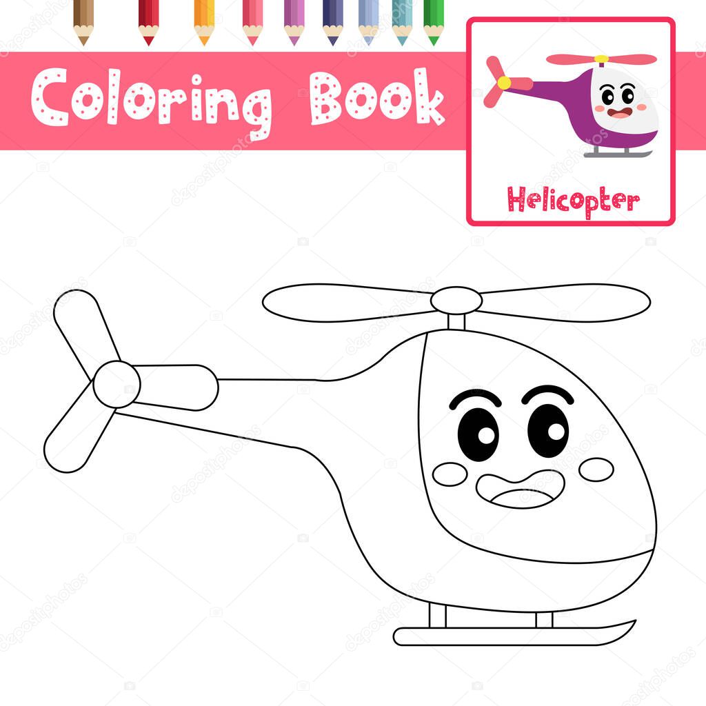 Coloring page of cute Helicopter cartoon character side view transportations for preschool kids activity educational worksheet. Vector Illustration.