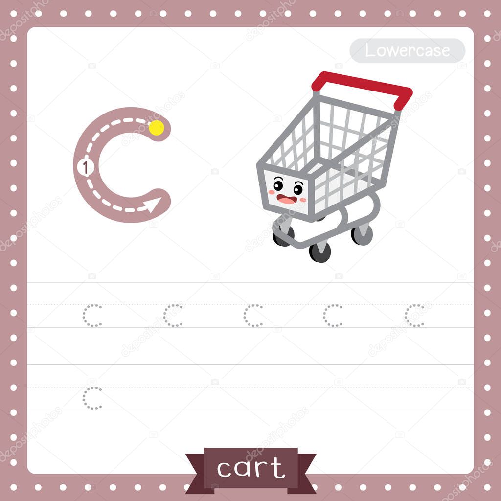 Letter C lowercase cute children colorful transportations ABC alphabet tracing practice worksheet of shopping Cart for kids learning English vocabulary and handwriting Vector Illustration.