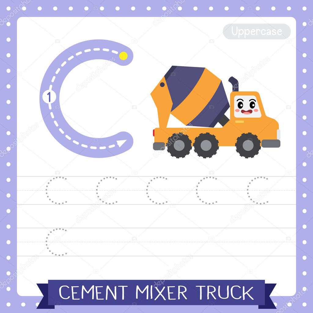 Letter C uppercase cute children colorful transportations ABC alphabet tracing practice worksheet of Cement Mixer Truck for kids learning English vocabulary and handwriting Vector Illustration.