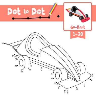 Nokta-eğitim oyunu ve Go-Kart çizgi film taşımacılığı boyama kitabı çocuk aktiviteleri için 1-20 numara ve el yazısı alıştırması çalışma tablosu. Vektör İllüstrasyonu.