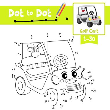 Nokta-eğitim oyunu ve Golf Arabası Boyama çizgi film taşımacılığı çocuk aktiviteleri için 1-30 numara ve el yazısı alıştırması çalışma tablosu. Vektör İllüstrasyonu.
