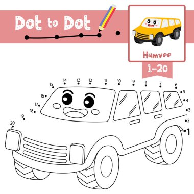 Noktadan noktaya eğitici oyun ve çocuk aktiviteleri için Humvee Boyama çizgi film taşımacılığı 1-20 numara ve el yazısı alıştırması çalışma tablosu. Vektör İllüstrasyonu.
